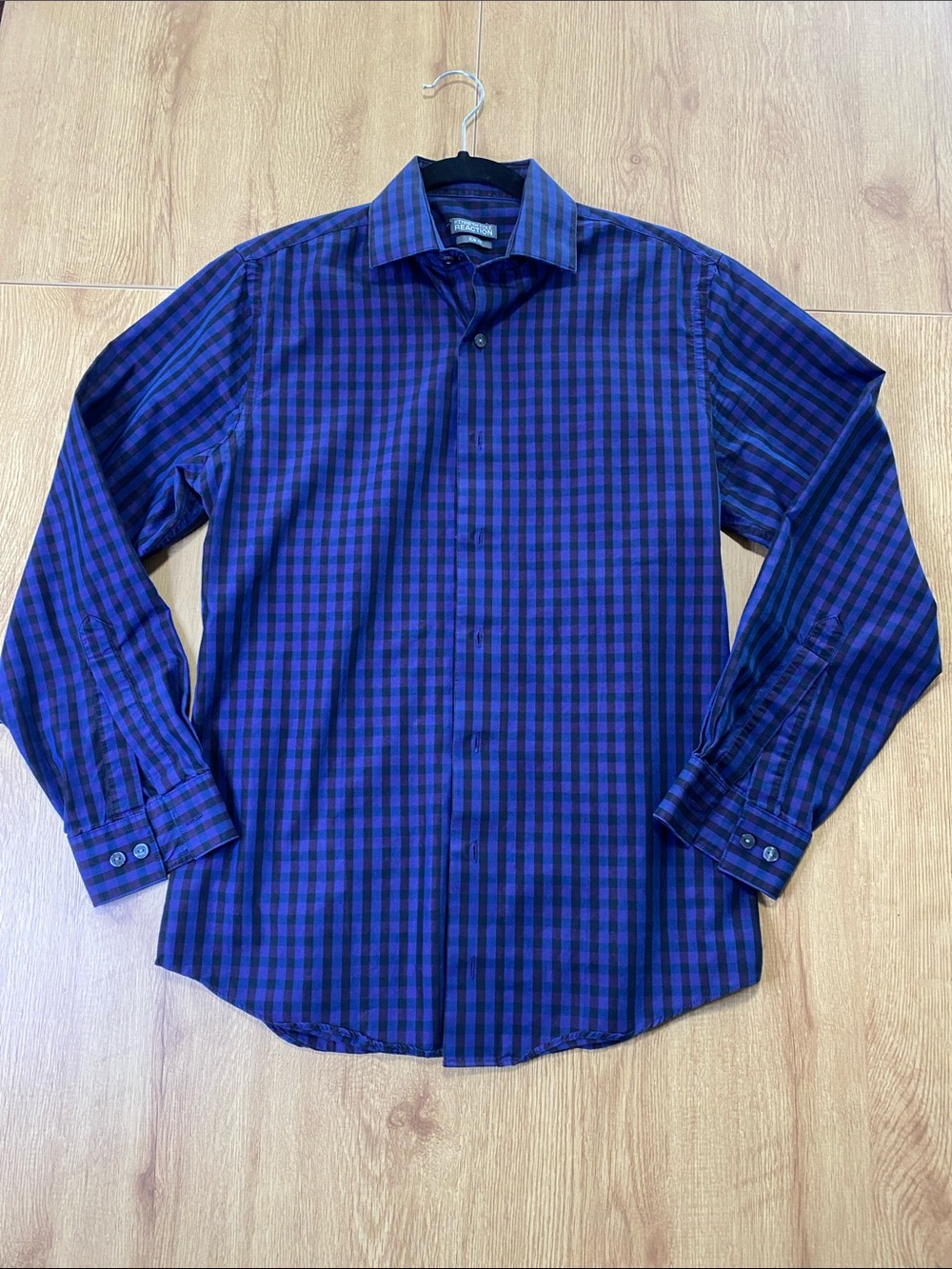 Kenneth Cole Reaction Black and Purplish Blue Checked Button-Down Shirt